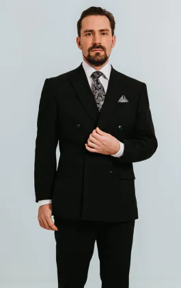 Black Double Breasted Suit with Peak Lapel
