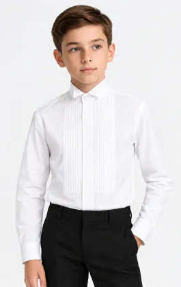 Boys Wing Collar, Pleated Front Tuxedo Shirt