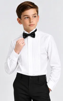 Boys Wing Collar, Pleated Front Tuxedo Shirt