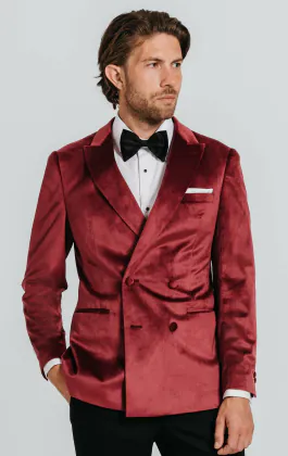 Double Breasted Burgundy Velvet Tuxedo with Black Trousers