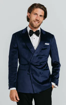 Double Breasted Navy Velvet Tuxedo with Black Trousers