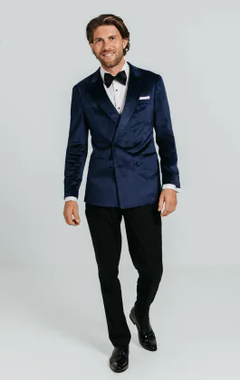 Double Breasted Navy Velvet Tuxedo with Black Trousers