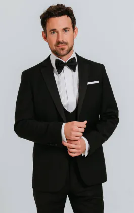 Black 100% Wool 3 Piece Tuxedo with Notch Lapel