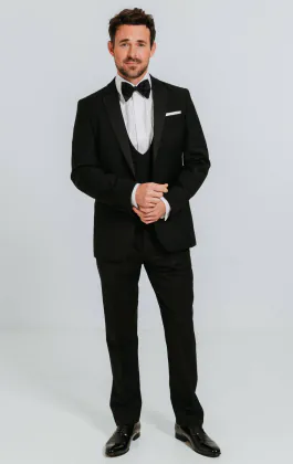 Black 100% Wool 3 Piece Tuxedo with Notch Lapel