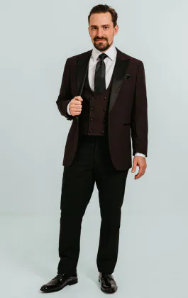 Burgundy 3 Piece Tuxedo with Peak Lapel & Black Trousers