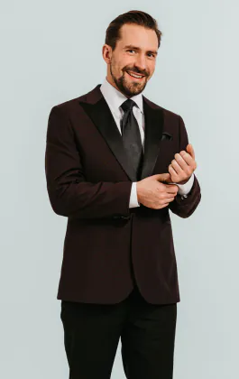 Burgundy Tuxedo with Peak Lapel & Black Trousers