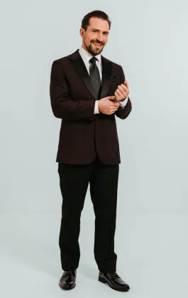 Burgundy Tuxedo with Peak Lapel & Black Trousers
