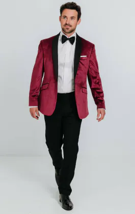 Burgundy Velvet Tuxedo with Black Trousers