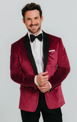 Burgundy Velvet Tuxedo with Black Trousers
