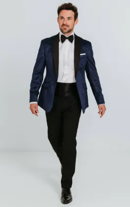 Navy Paisley Velvet Tuxedo with Black Trousers