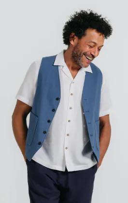 Blue Linen Herringbone Vest