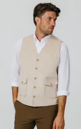 Beige Corduroy Vest with Patch Pockets