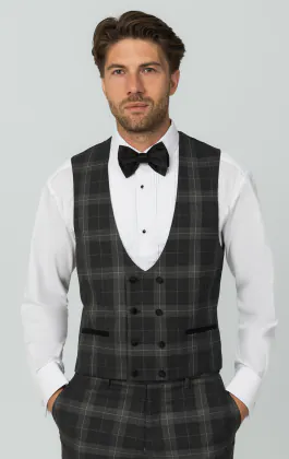 Grey Tartan Check Double Breasted Horseshoe Vest